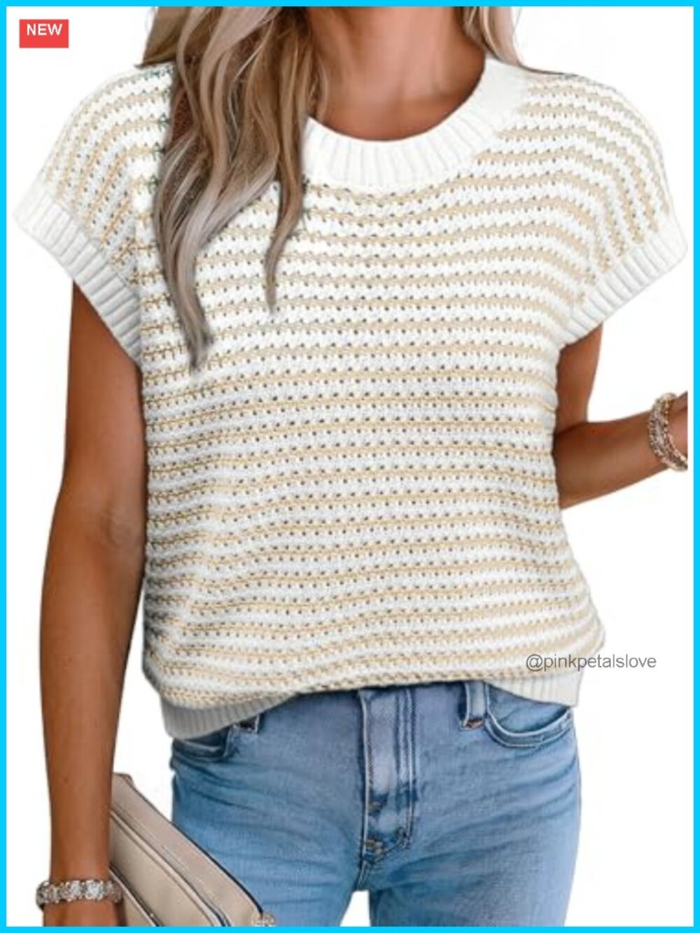 Striped Cap Sleeve Sweater Vest Crewneck Knit Tank Top Layering